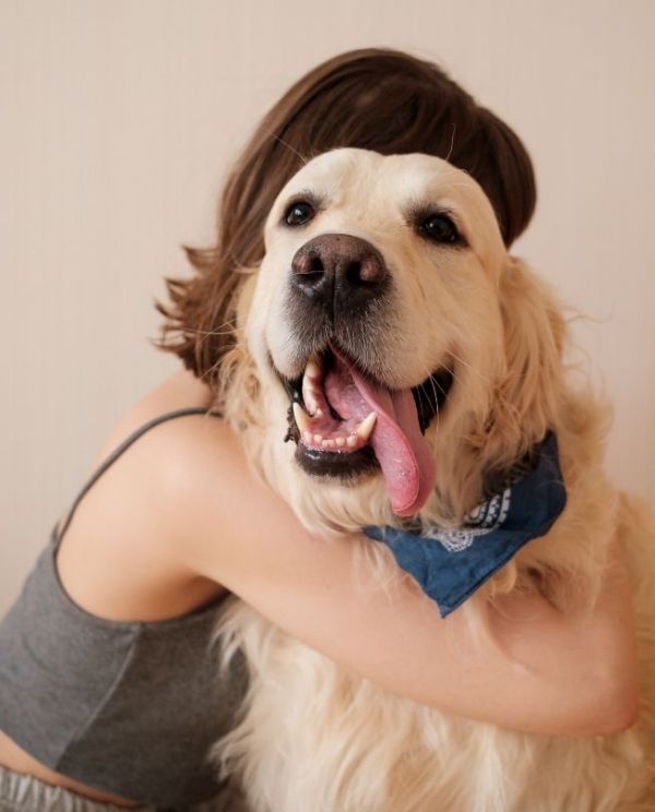 A person hugs a golden retriever wearing a blue bandana. The dog is panting with its tongue out.
