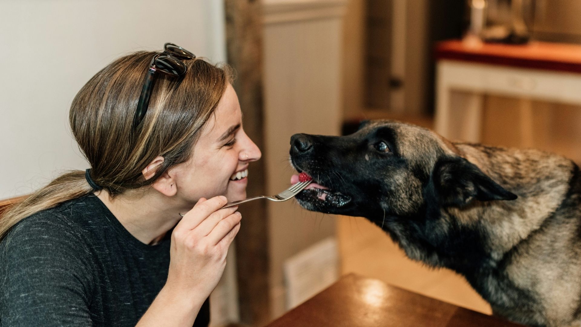 A person smiles while holding a fork with food for a dog to eat.