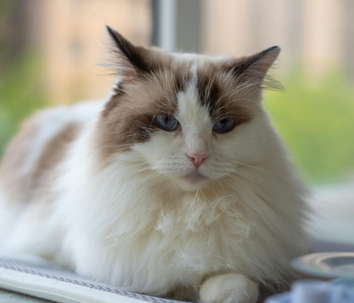 A fluffy white cat with brown markings and blue eyes lies on a mat near a window.