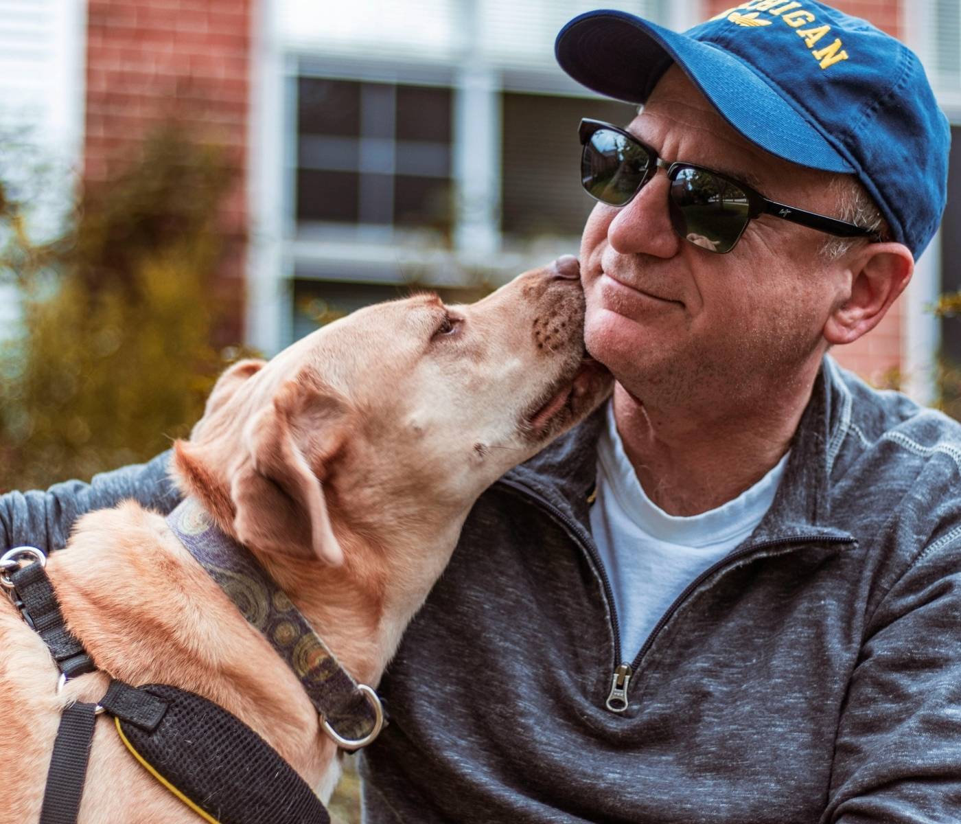 A light-colored dog licks a person on the cheek while the person wears a blue cap and sunglasses.